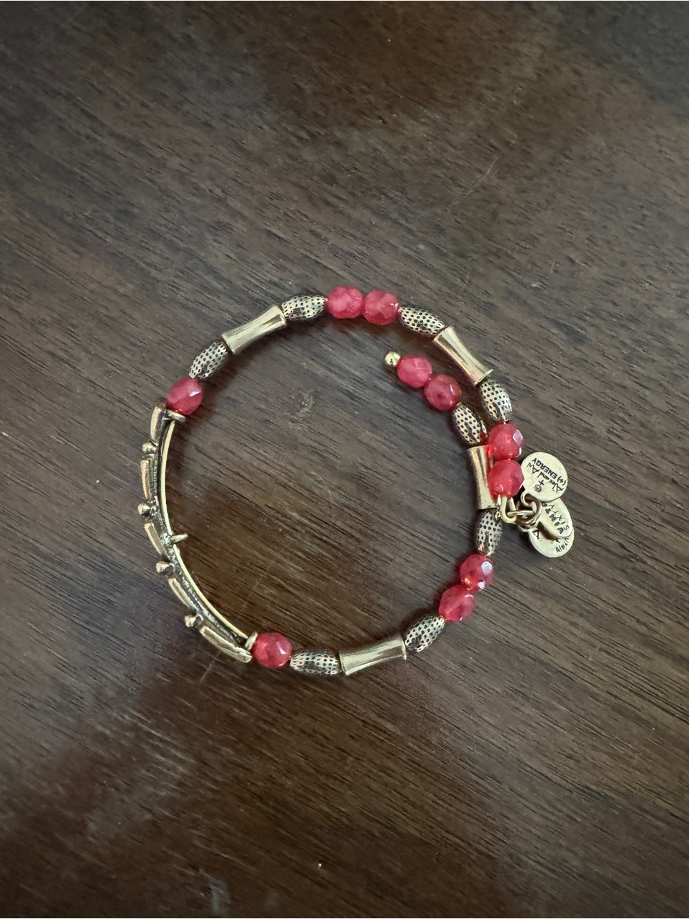 Alex and Ani Gold-Tone Bracelet with Red Beads and Charms